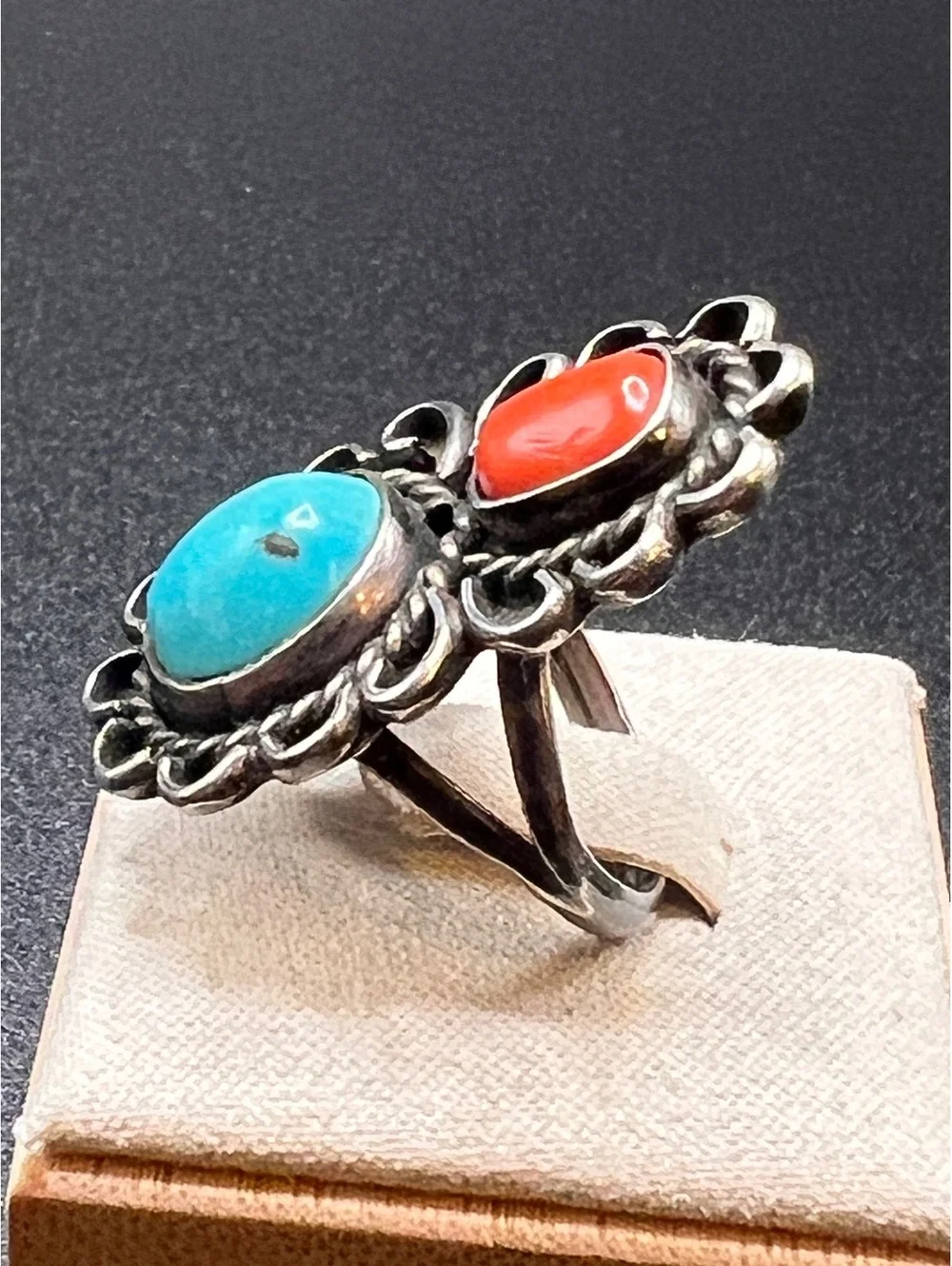 Vintage Sterling Silver Turquoise Red Coral Style Southwestern Ring Size 6.5